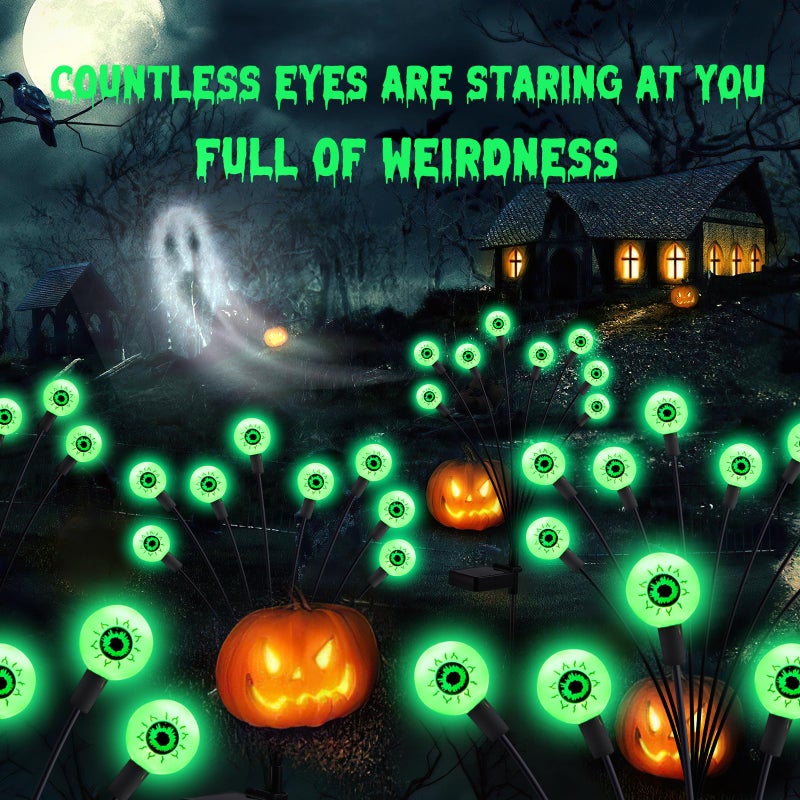 ASMAD Scary Solar Eyeball Lights, Waterproof Swaying Firefly Path Lights for Outdoor/Halloween Decorations/Garden/Yard/Patio/Party Decor, Green Eyeball, 4 Pack, 32 LEDs - Image 2