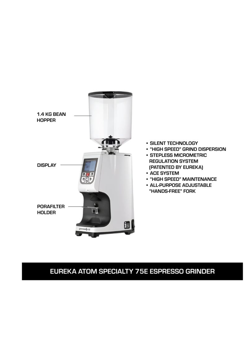 إيوريكا مطحنة الإسبريسو Atom Specialty 75E بيضاء - بارات مسطحة 75 مم، تقنية صامتة، تعديل ميكرومتر غير محدد، طحن عالي السرعة، مؤقت رقمي، حوض بسعة 1.8 كغ، مطحنة قهوة تجارية  - Image 2