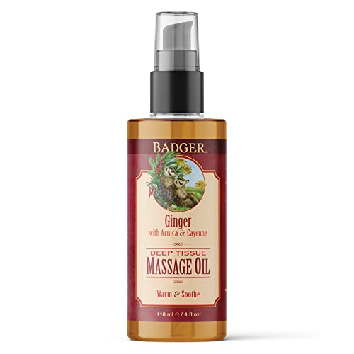 Badger Ginger Massage Oil 100 Organic Massage Oil wArnica Oil  Cayenne for Warming Soothing Deep Tissue Sore Muscle Relief 4 fl oz Glass Bottle