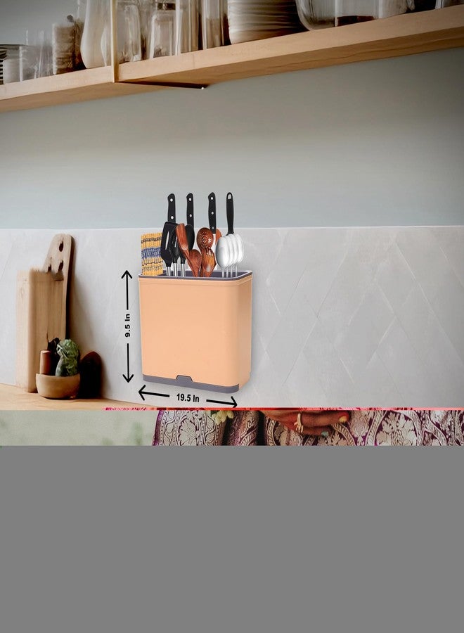 BAREPEPE Self Adhesive Plastic Wall Mounted Kitchen Cutlery Holder,Spoon Holder,Chopstick Holder Organizer Stand (Beige & Grey) - Image 3