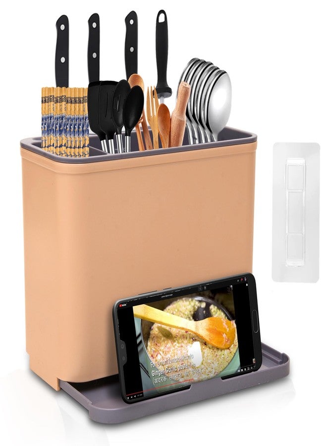 BAREPEPE Self Adhesive Plastic Wall Mounted Kitchen Cutlery Holder,Spoon Holder,Chopstick Holder Organizer Stand (Beige & Grey) - Image 1