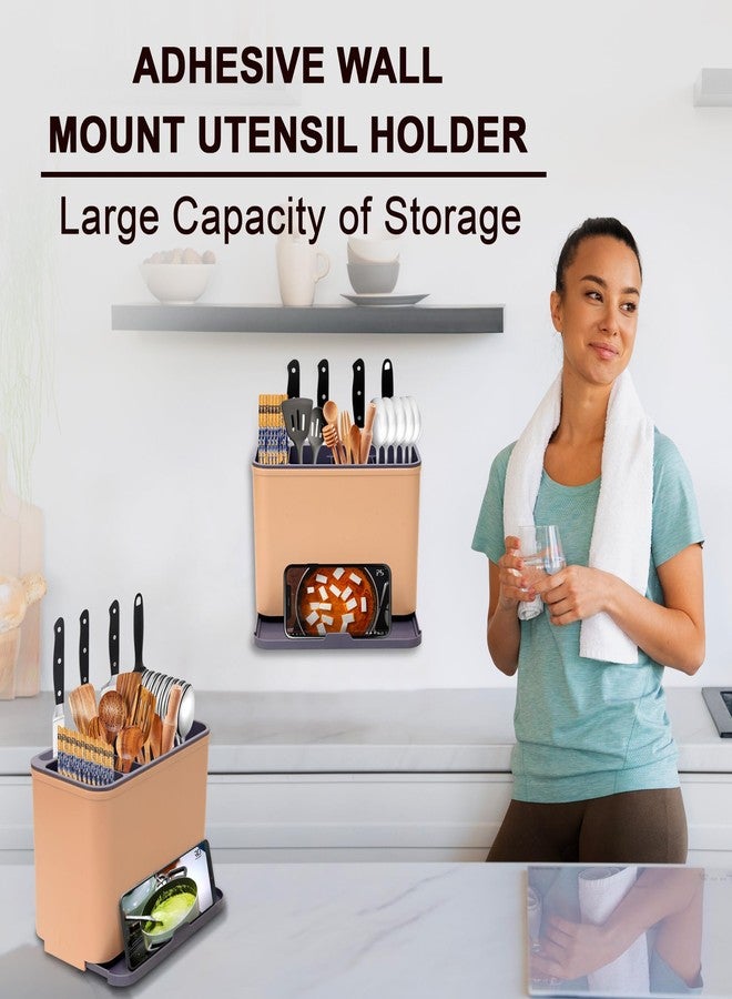BAREPEPE Self Adhesive Plastic Wall Mounted Kitchen Cutlery Holder,Spoon Holder,Chopstick Holder Organizer Stand (Beige & Grey) - Image 2
