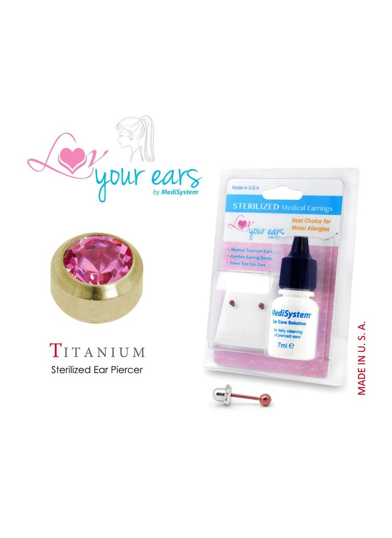 MediSystem Sterilized Medical Earrings Golden Titanium 3mm Rose Bezel, Made in USA  - Image 1