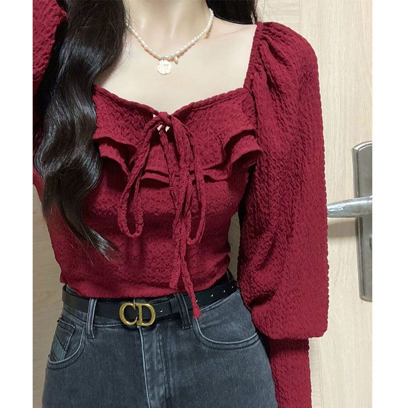 French style square collar red shirt for women 2024 spring and autumn design sense niche slimming Western style age-reducing short top Red