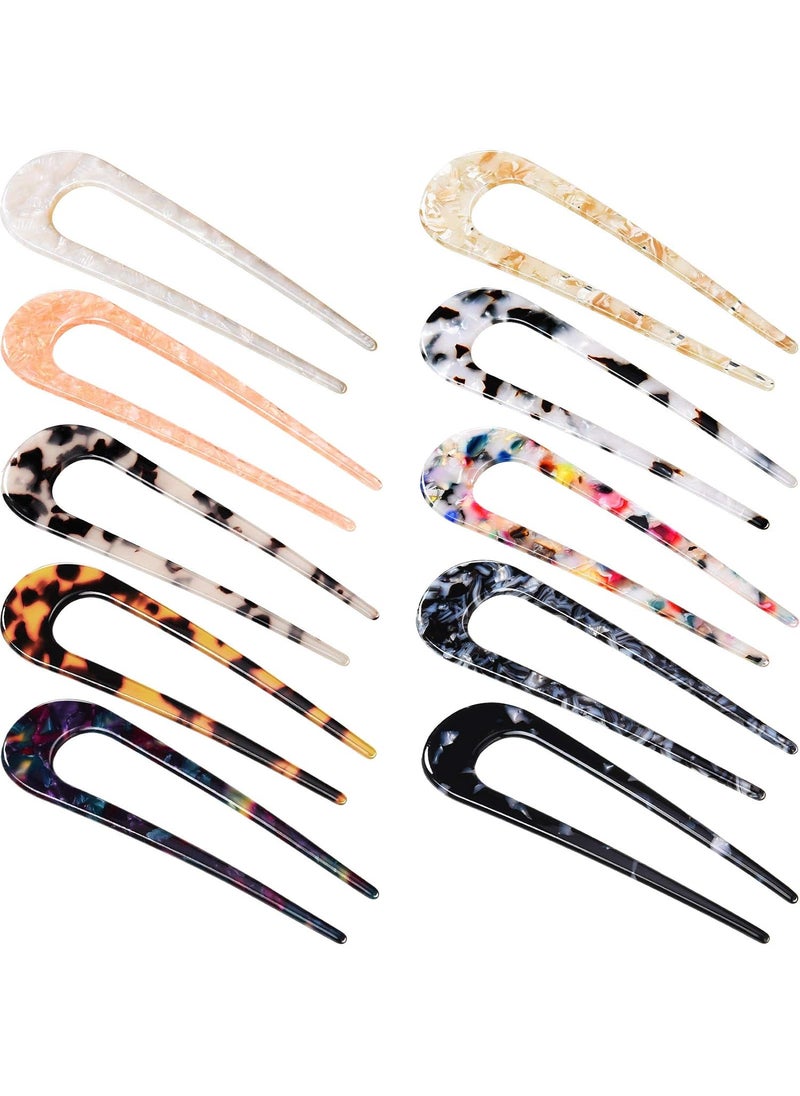 WILLBOND WILLBOND 10 Pcs U Shaped French Hairpin Chignon Fork Sticks Celluloid Acetate Tortoise Shell Hair Pin Updo for Women 