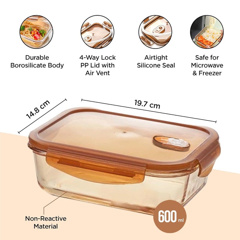 Umai UMAI Pack of 3 Borosilicate Glass Kitchen Containers Set with Airvent Lid | Glass Lunch Box | Airtight Rectangular Fridge Storage Boxes for Grains, Pulses, Spices, Snacks | 600 ml Each | Amber - Image 3