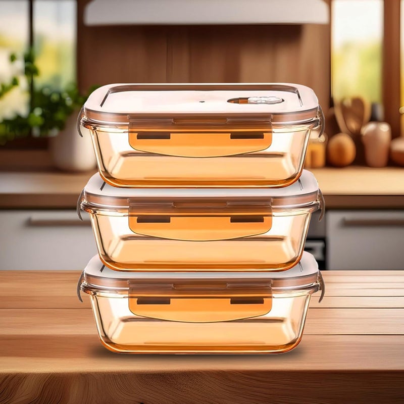 Umai UMAI Pack of 3 Borosilicate Glass Kitchen Containers Set with Airvent Lid | Glass Lunch Box | Airtight Rectangular Fridge Storage Boxes for Grains, Pulses, Spices, Snacks | 600 ml Each | Amber - Image 1