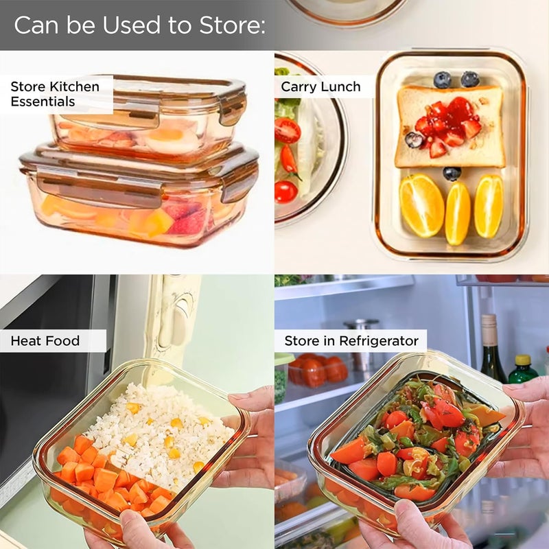Umai UMAI Pack of 3 Borosilicate Glass Kitchen Containers Set with Airvent Lid | Glass Lunch Box | Airtight Rectangular Fridge Storage Boxes for Grains, Pulses, Spices, Snacks | 600 ml Each | Amber - Image 4