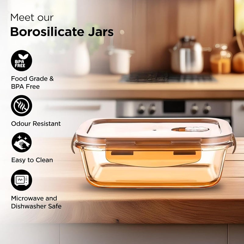 Umai UMAI Pack of 3 Borosilicate Glass Kitchen Containers Set with Airvent Lid | Glass Lunch Box | Airtight Rectangular Fridge Storage Boxes for Grains, Pulses, Spices, Snacks | 600 ml Each | Amber - Image 2