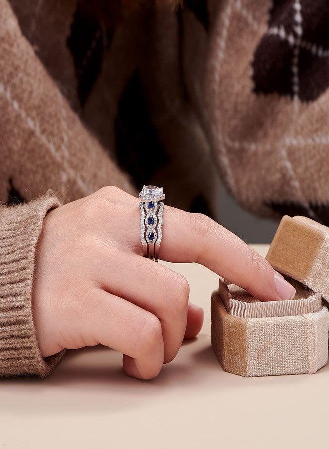 نيو شي جولري طقم خواتم خطوبة وزفاف من نيوشي للمجوهرات، خواتم زركونيا مكعبة للنساء، فضة إسترليني عيار 925، 3 قطع، طقم زفاف من الياقوت الأزرق، خاتم وعد على شكل كمثرى، مقاس 7 - Image 4