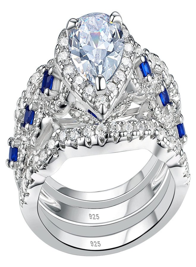 نيو شي جولري طقم خواتم خطوبة وزفاف من نيوشي للمجوهرات، خواتم زركونيا مكعبة للنساء، فضة إسترليني عيار 925، 3 قطع، طقم زفاف من الياقوت الأزرق، خاتم وعد على شكل كمثرى، مقاس 7 - Image 1