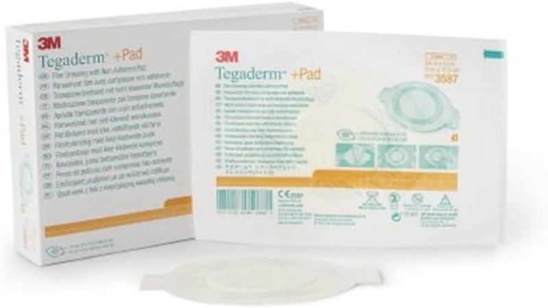 3M ضمادة فيلم 3M تيغادرم + باد 3587 مع وسادة غير لاصقة 3-1/2 × 4 بوصة (علبة من 25)