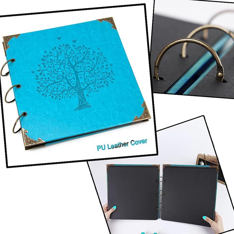 ADVcer Photo Album DIY Scrapbook, 10x10 inch 50 Pages Vintage Leather Cover Three-Ring Binder Picture Booth Albums + 9 Colors 408pcs Self Adhesive Photos Corners for Memory Keep (Family Tree, Cyan) - Image 2
