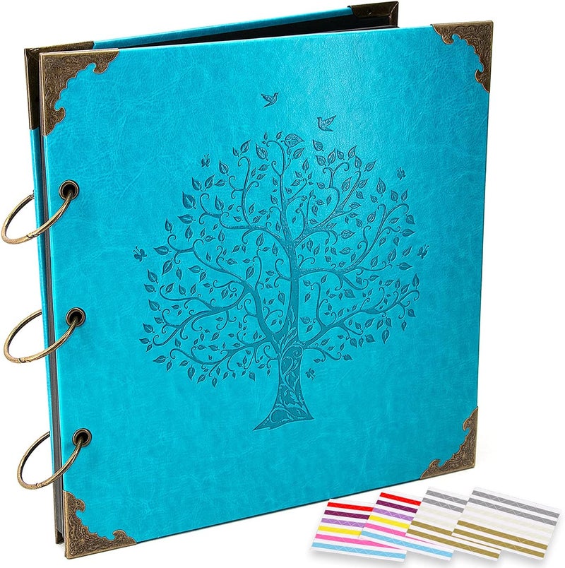 ADVcer Photo Album DIY Scrapbook, 10x10 inch 50 Pages Vintage Leather Cover Three-Ring Binder Picture Booth Albums + 9 Colors 408pcs Self Adhesive Photos Corners for Memory Keep (Family Tree, Cyan) - Image 1
