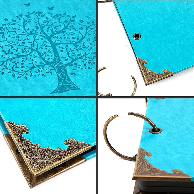 ADVcer Photo Album DIY Scrapbook, 10x10 inch 50 Pages Vintage Leather Cover Three-Ring Binder Picture Booth Albums + 9 Colors 408pcs Self Adhesive Photos Corners for Memory Keep (Family Tree, Cyan) - Image 3