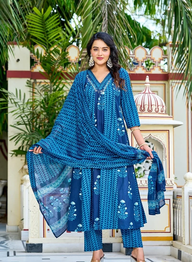 Studio blue Navy Blue Embroidered Three-Piece Set with Dupatta
