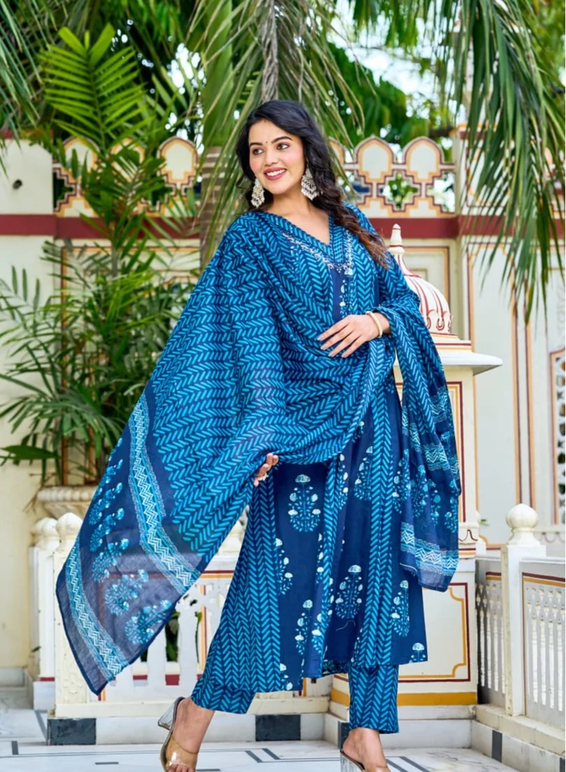 Studio blue Navy Blue Embroidered Three-Piece Set with Dupatta