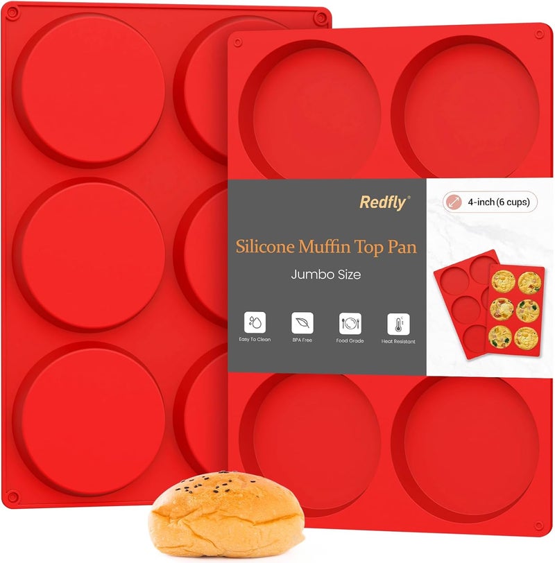 Redfly Silicone Egg Molds for Breakfast Sandwiches 2 Pcs, Non Stick 4 Inch Egg Bites Baking Pans, Jumbo Silicone Muffin Pans for Baking, Round Muffin Top Pan for Whoopie Pie Pan, Hamburger, Fruit Tart - Image 1