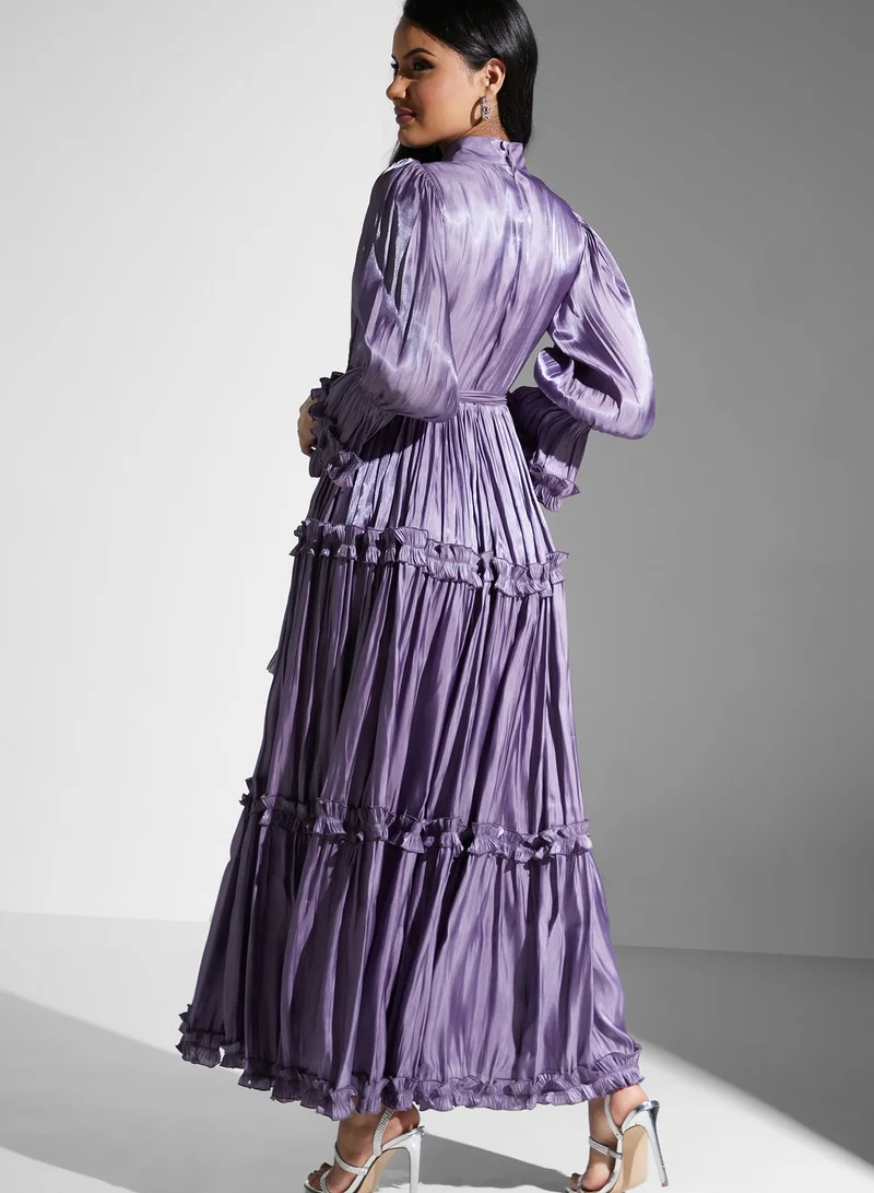 Golden Apple High Neck Ruffle Sleeve Belted Plisse Dress