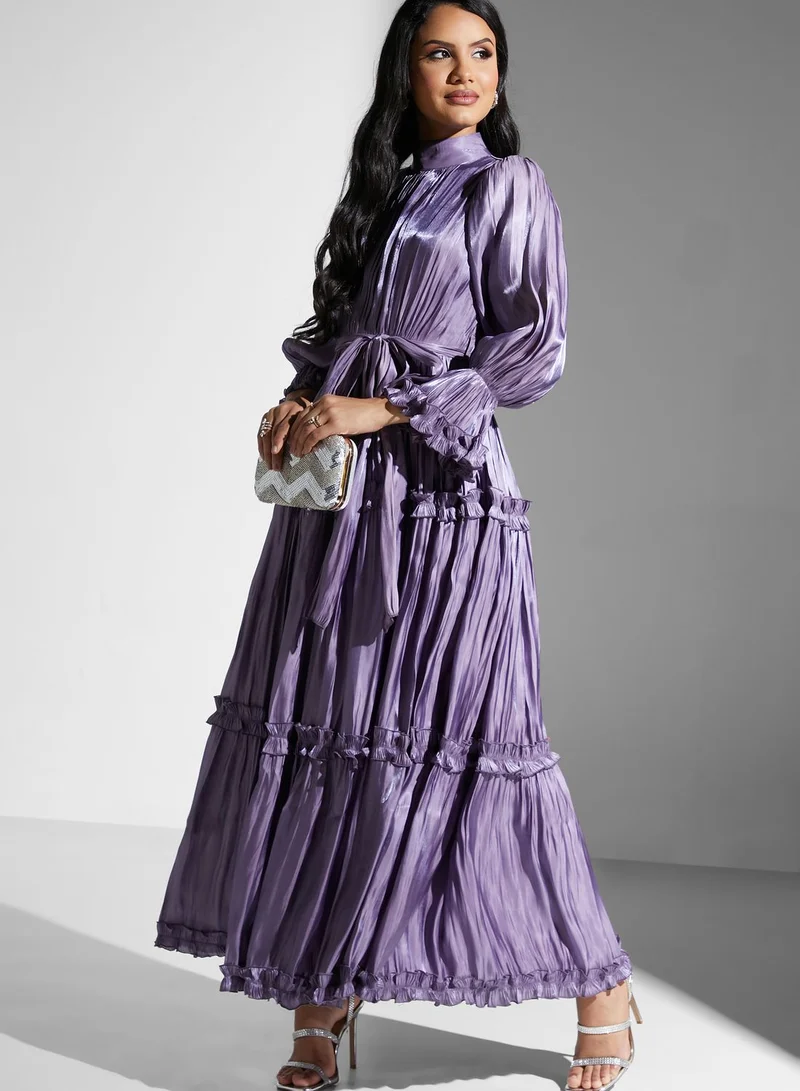 Golden Apple High Neck Ruffle Sleeve Belted Plisse Dress