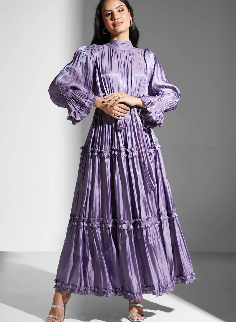 Golden Apple High Neck Ruffle Sleeve Belted Plisse Dress