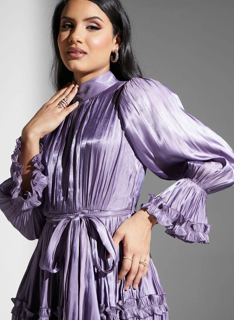 Golden Apple High Neck Ruffle Sleeve Belted Plisse Dress
