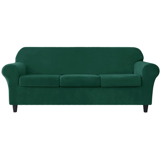 Stretch Sofa Slipcover Soft Velvet Sofa Covers for 3 Cushion Couch Thick Furniture Protector for Pets Kids Green L