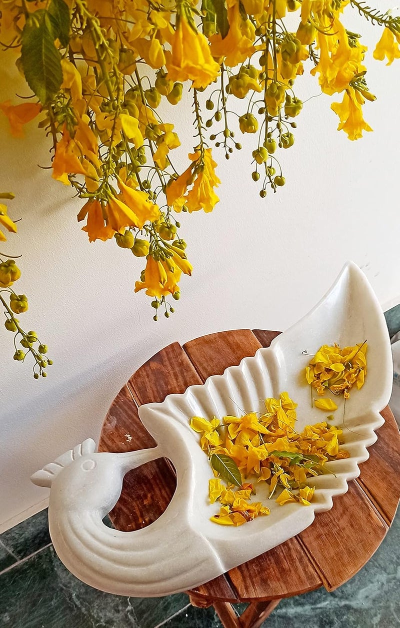 RM 11inch Marble Bird Bowl White Marble Marble Peacock Platter Tray Rameshwaram Marble Marble Center Table Decor Plate Marble Bird PlateBowl Tray - Image 1