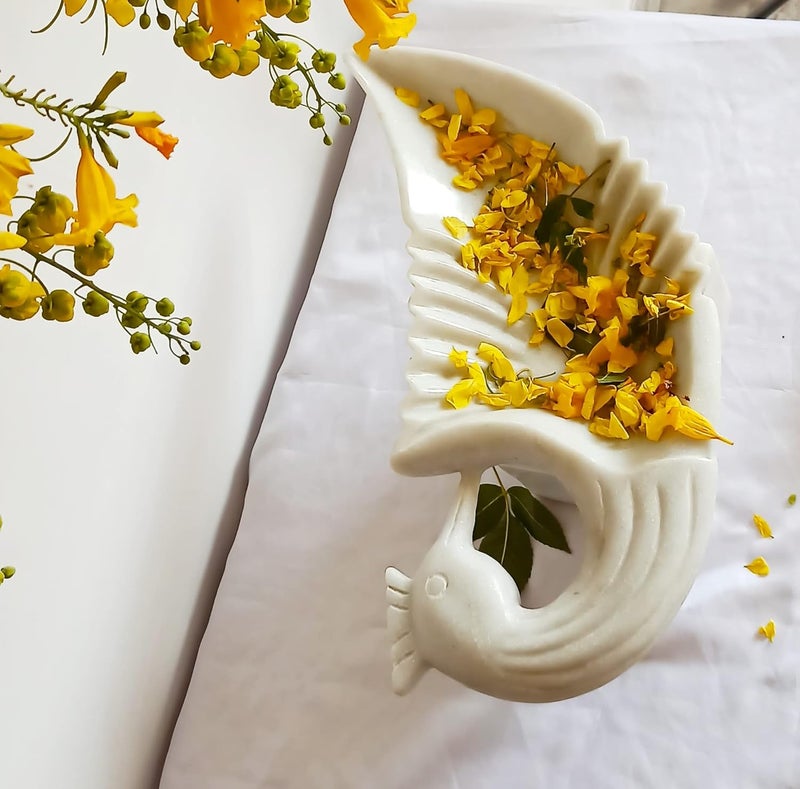 RM 11inch Marble Bird Bowl White Marble Marble Peacock Platter Tray Rameshwaram Marble Marble Center Table Decor Plate Marble Bird PlateBowl Tray - Image 2