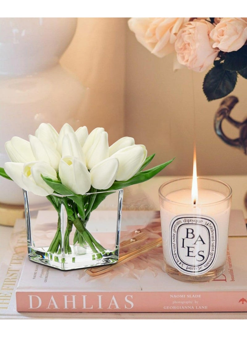 Artificial Tulip Bouquet in Cube Glass Vase with Faux Water, White Faux Tulips, Mini Arrangement for Home Decor - Image 2