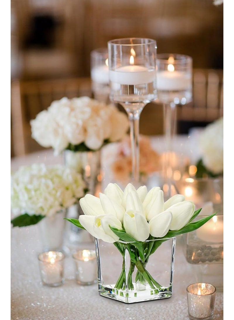 Artificial Tulip Bouquet in Cube Glass Vase with Faux Water, White Faux Tulips, Mini Arrangement for Home Decor - Image 4