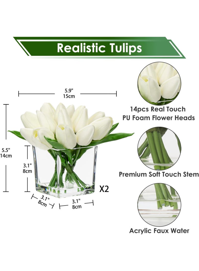 Artificial Tulip Bouquet in Cube Glass Vase with Faux Water, White Faux Tulips, Mini Arrangement for Home Decor - Image 3