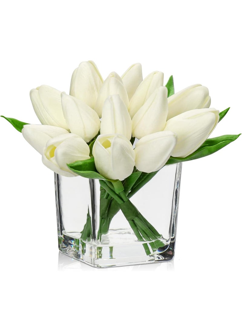 Artificial Tulip Bouquet in Cube Glass Vase with Faux Water, White Faux Tulips, Mini Arrangement for Home Decor - Image 1
