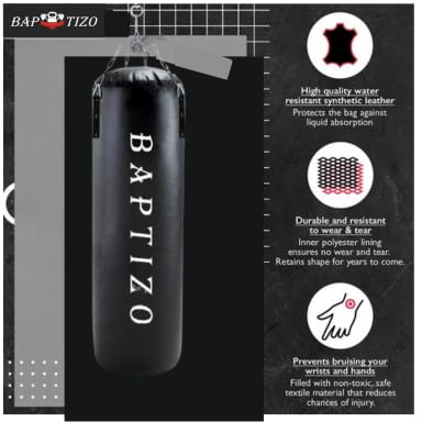 BAPTIZO Heavy Synthetic Leather Boxing Punching Bag Black | Stainless Steel Hanging Chain | Boxing | MMA | Kickboxing | Muay Thai | Karate | Judo | Taekwondo (2 feet) - Image 2