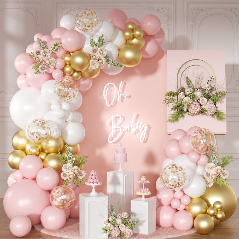 NUTTYBASH Pink and White Balloon Arch Kit, 138 Pcs Pink and Gold Balloon Garland Arch Kit Include Pastel Pink White Gold Confetti Balloons for Birthday Baby Shower Wedding Bridal Shower Party Decorations - Image 1
