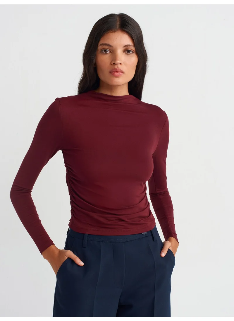 ديلفين 30504 Side Gathered Long Sleeve Blouse-Burgundy