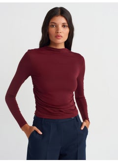 Dilvin 30504 Side Gathered Long Sleeve Blouse-Burgundy  - Image 1