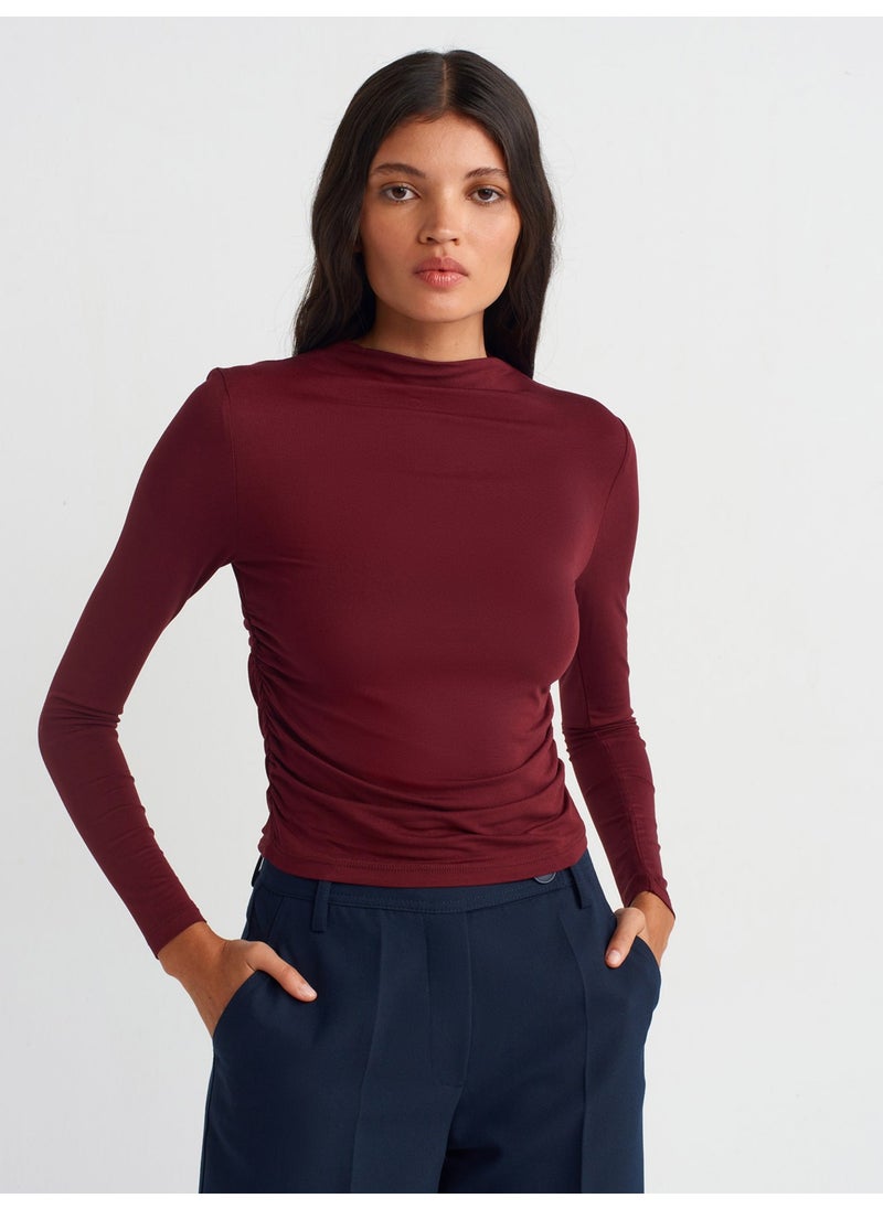 Dilvin 30504 Side Gathered Long Sleeve Blouse-Burgundy  - Image 1