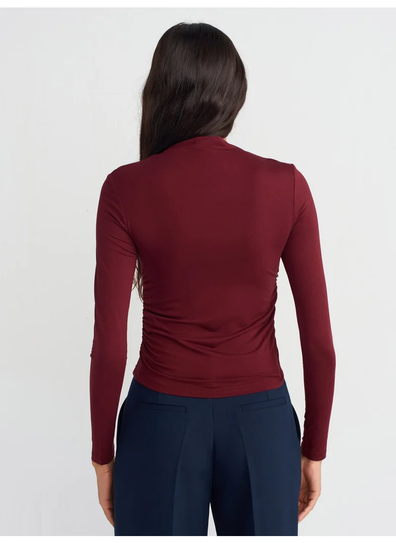 ديلفين 30504 Side Gathered Long Sleeve Blouse-Burgundy