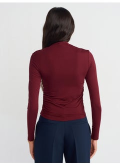 Dilvin 30504 Side Gathered Long Sleeve Blouse-Burgundy  - Image 2