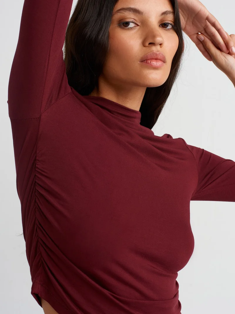 Dilvin 30504 Side Gathered Long Sleeve Blouse-Burgundy