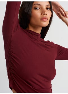 Dilvin 30504 Side Gathered Long Sleeve Blouse-Burgundy  - Image 4