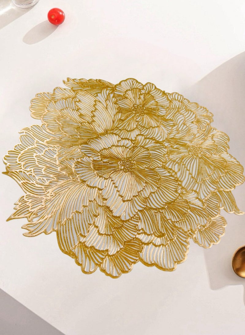 XiuWoo Set Of 6 Round Table Place Mats Gold Rose 15inch, PVC Place Mat Vinyl Hollow Out Heat Insulation Washable Gold Table Mats for Dining Table 40x40CM, Flower Pattern - Image 1