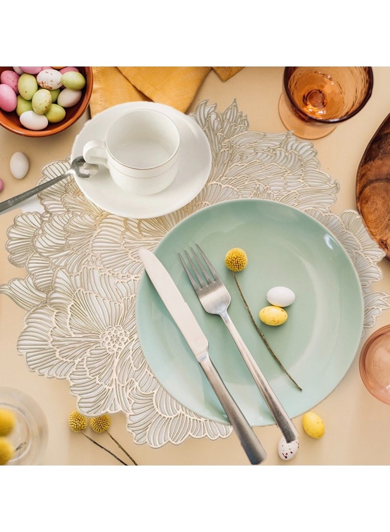 XiuWoo Set Of 6 Round Table Place Mats Gold Rose 15inch, PVC Place Mat Vinyl Hollow Out Heat Insulation Washable Gold Table Mats for Dining Table 40x40CM, Flower Pattern - Image 2