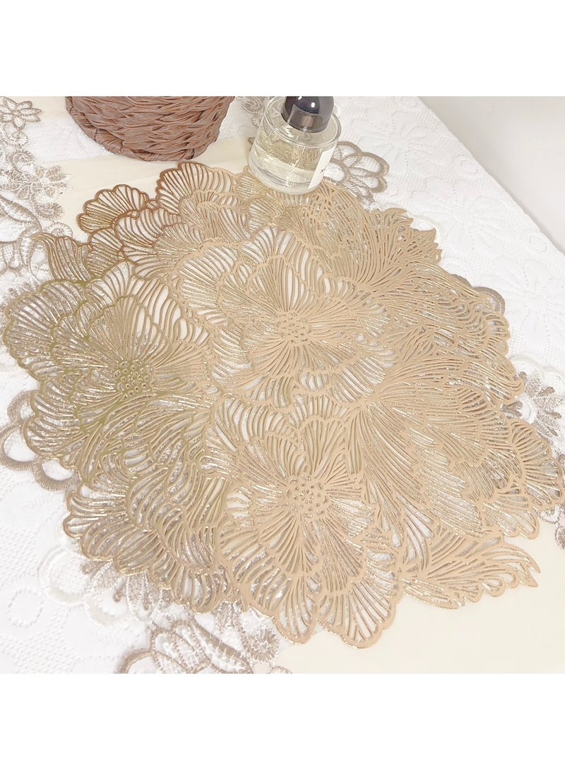 XiuWoo Set Of 6 Round Table Place Mats Gold Rose 15inch, PVC Place Mat Vinyl Hollow Out Heat Insulation Washable Gold Table Mats for Dining Table 40x40CM, Flower Pattern - Image 4