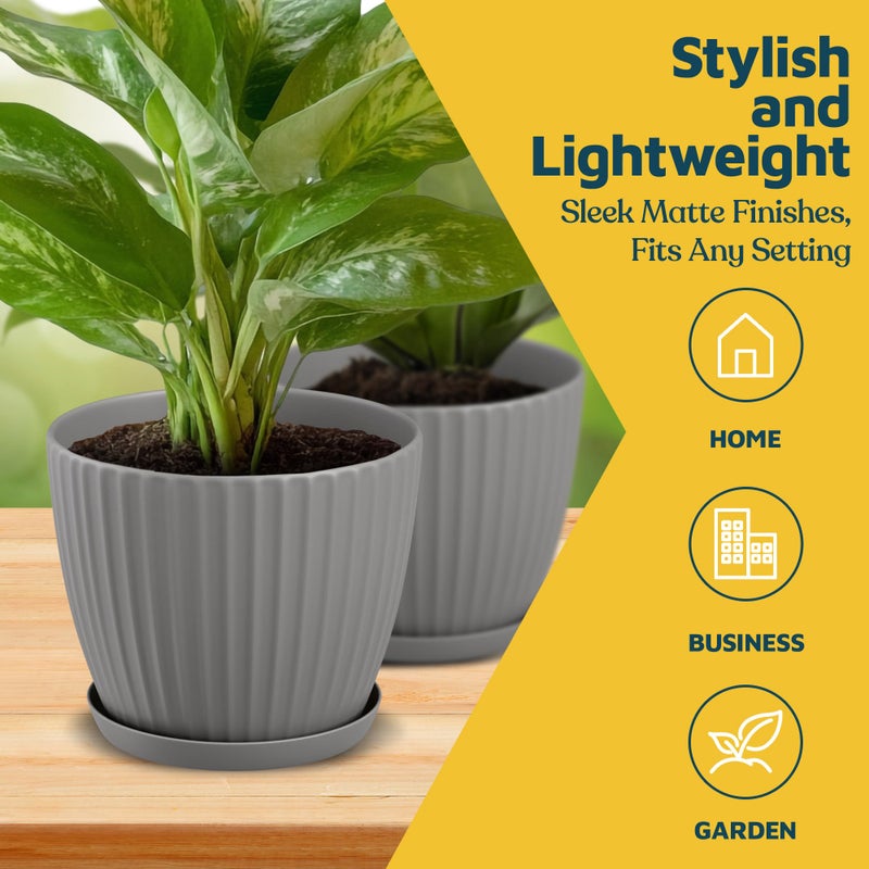 LifeMaster Gray 6-Inch Plant Pots with Drainage & Saucers 12 Pack, Indoor & Outdoor Planters for Houseplants, Herbs, and Flowers, Durable & Weatherproof Material, Stackable, Lightweight, Minimalist Design - Image 3