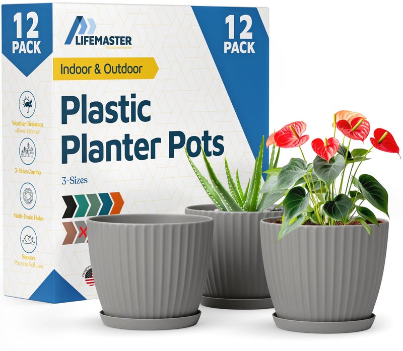 LifeMaster Gray 6-Inch Plant Pots with Drainage & Saucers 12 Pack, Indoor & Outdoor Planters for Houseplants, Herbs, and Flowers, Durable & Weatherproof Material, Stackable, Lightweight, Minimalist Design - Image 1