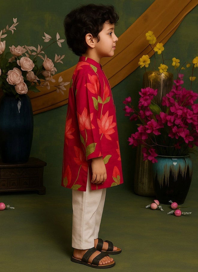 Saka Designs Boys Floral Printed Kurta Set in Pink - Image 4
