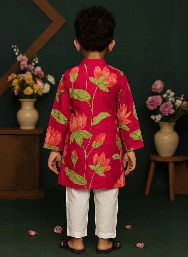 Saka Designs Boys Floral Printed Kurta Set in Pink - Image 3