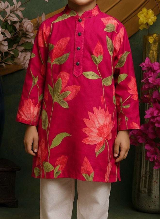 Saka Designs Boys Floral Printed Kurta Set in Pink - Image 2